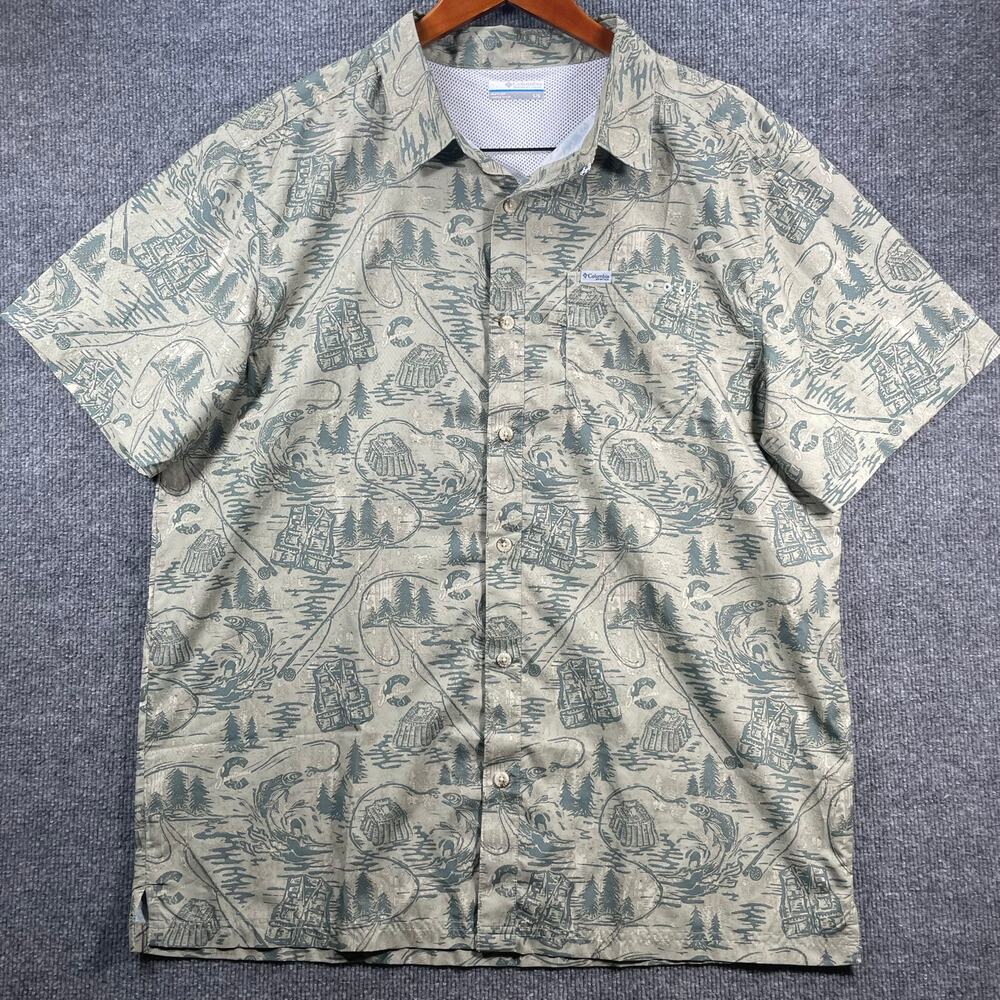 Columbia PFG Camp Shirt Men's Large Beige Fishing Geometric Allover Vented